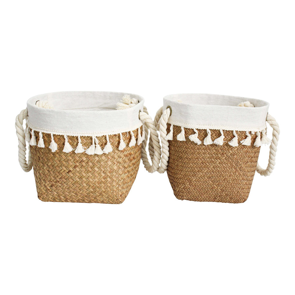 LVD Woven Straw/Cotton Lined 23/25cm Baskets Set w/ Handle Storage Natural/White (2 Pieces)