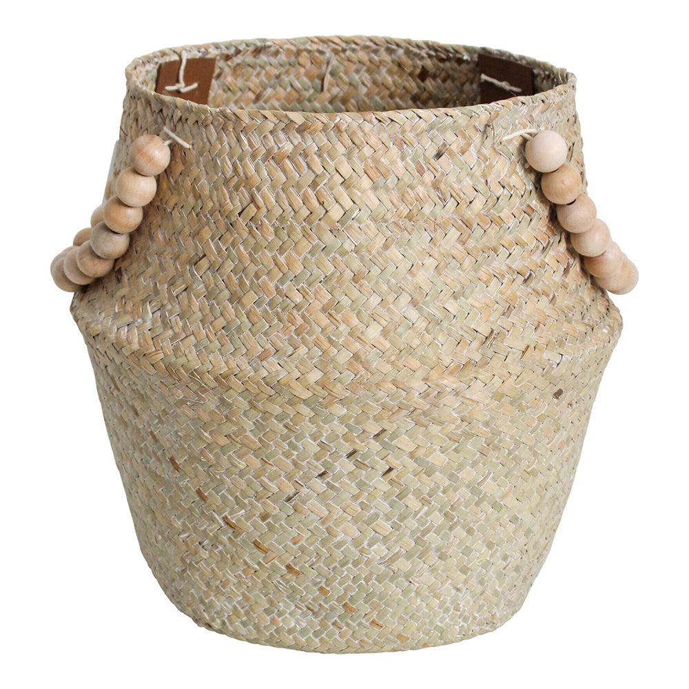 LVD Straw/Wood 28cm Woven Belly Basket w/ Beads Handle Storage Organiser Decor Wash