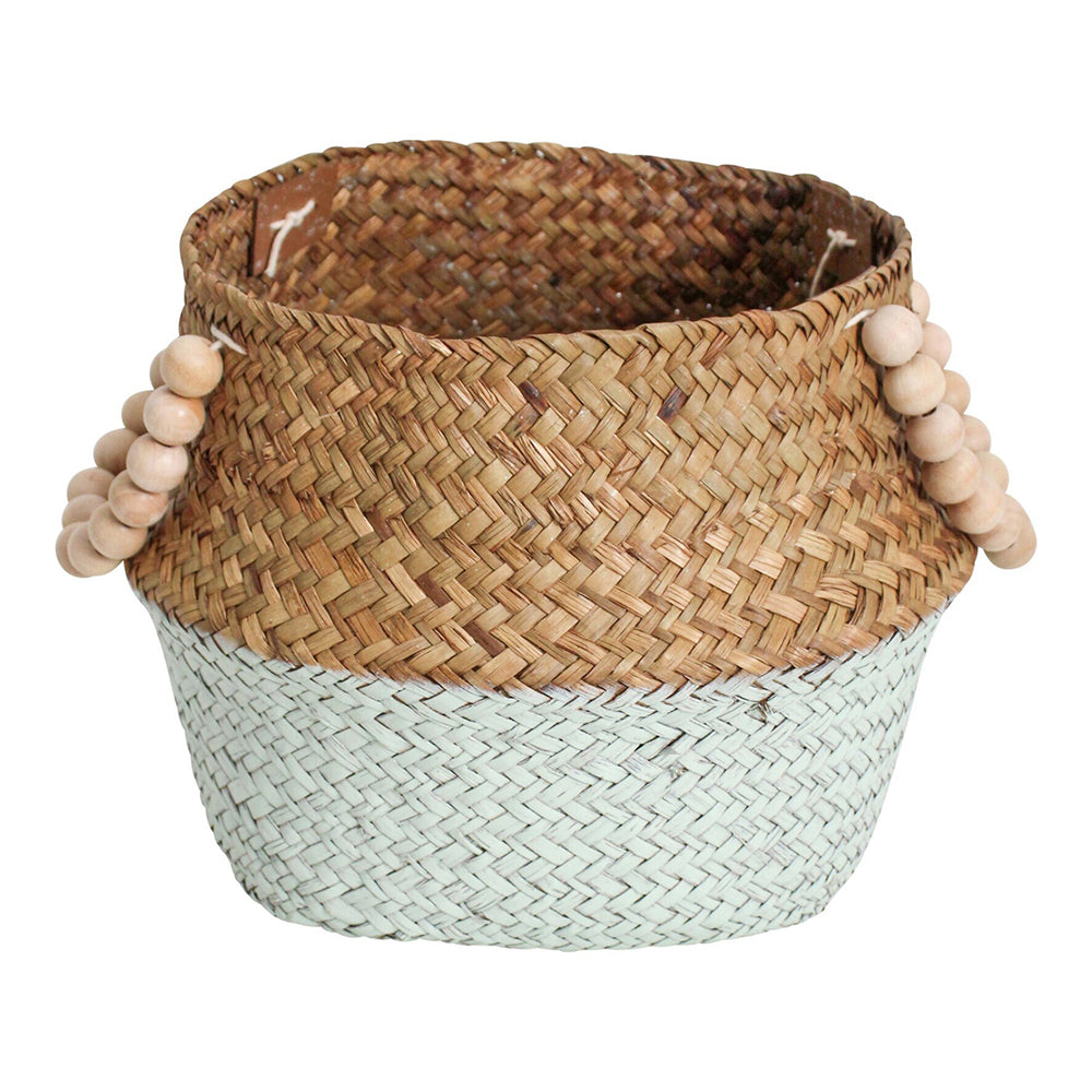 LVD Straw/Wood 28cm Woven Belly Basket w/ Beads Handle Storage Decor Blue/Natural