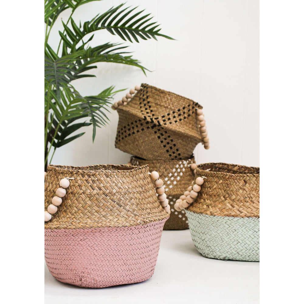 LVD Straw/Wood 28cm Woven Belly Basket w/ Beads Handle Storage Decor Blue/Natural — image 2