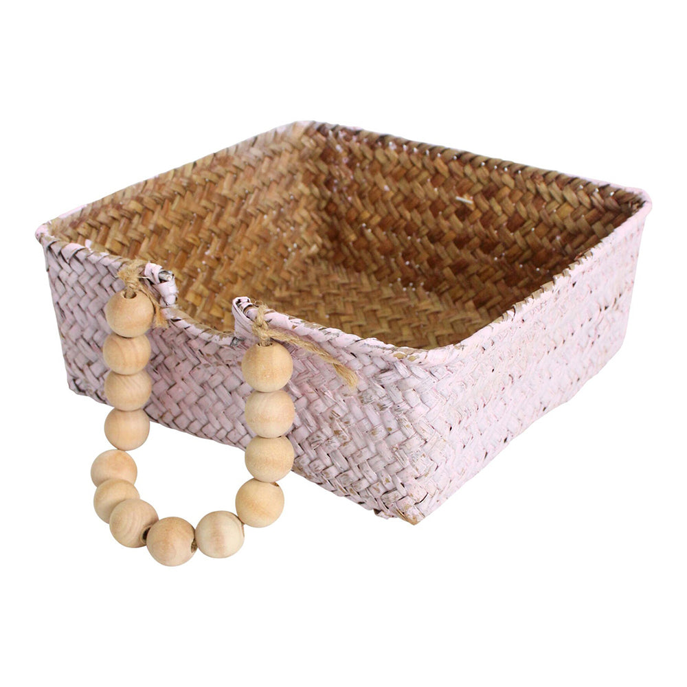 LVD Straw 20cm Napkin Holder Basket Square Storage Organiser Decor Wash Pink/Beads