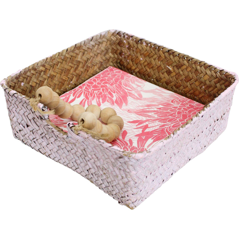 LVD Straw 20cm Napkin Holder Basket Square Storage Organiser Decor Wash Pink/Beads — image 2