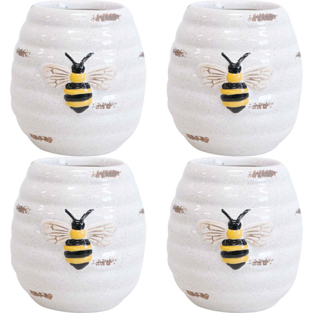 LVD Ceramic Pot Plug Bee Rustic Home/Garden Decor Plant Container 8x9cm White (4 Pack)