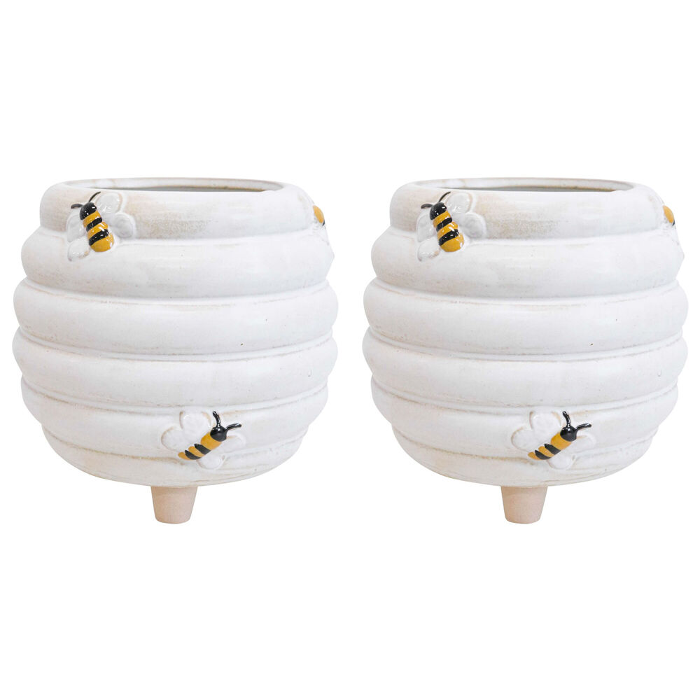 LVD Ceramic Bee Planter On Feet w/ Plug Home/Garden Decor Pot 15cm White (2 Pack)