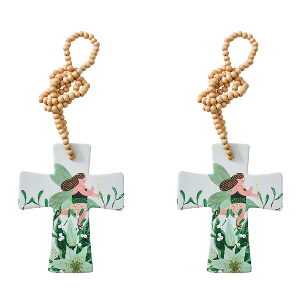 LVD Ceramic/Wood Hanging 14cm Cross Fairy w/Beads Ornament Home/Office Room Decor (2 Pack)