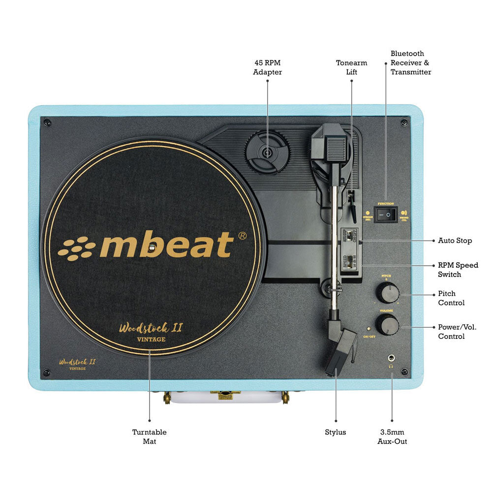 Mbeat Woostock 2 Retro Bluetooth Music Vinyl Turntable Record Player Sky Blue — image 2