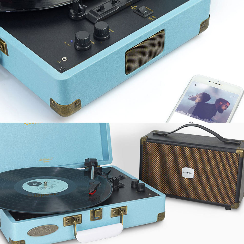 Mbeat Woostock 2 Retro Bluetooth Music Vinyl Turntable Record Player Sky Blue — image 4