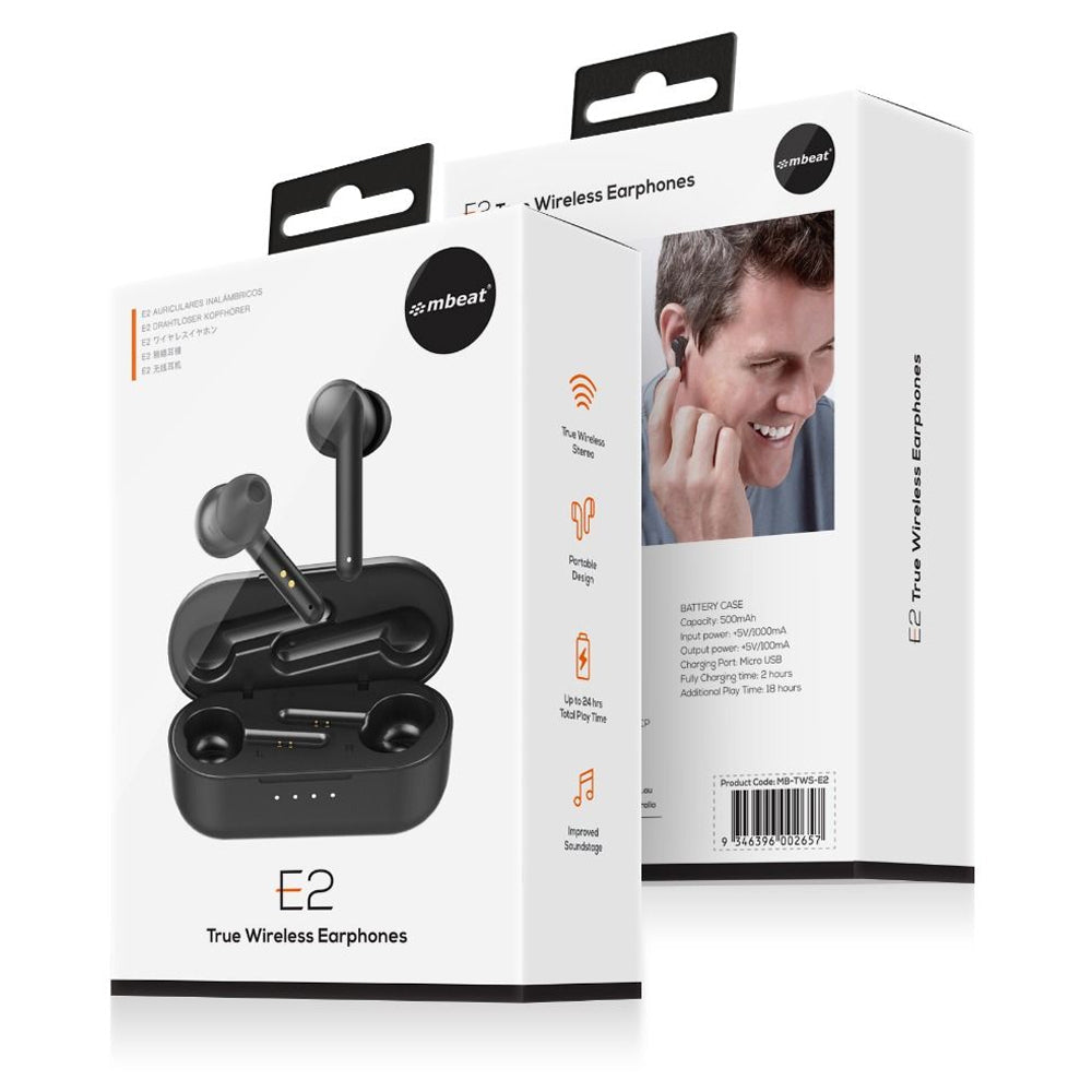 Mbeat E2 True Wireless Earphone Bluetooth Earbuds w/ Charging Case f/ Phones BLK — image 7
