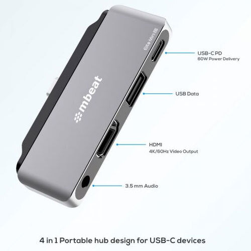 Mbeat Elite Mini 4-in-1 USB-C Mobile Hub/Connector HDMI/3.5mm for iPad Space GRY — image 2