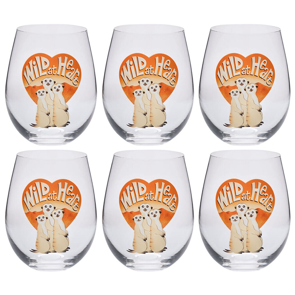 Meerkat Stemless Wine Glass Tumbler Cup Party Drinkware Clear (6 Pack)