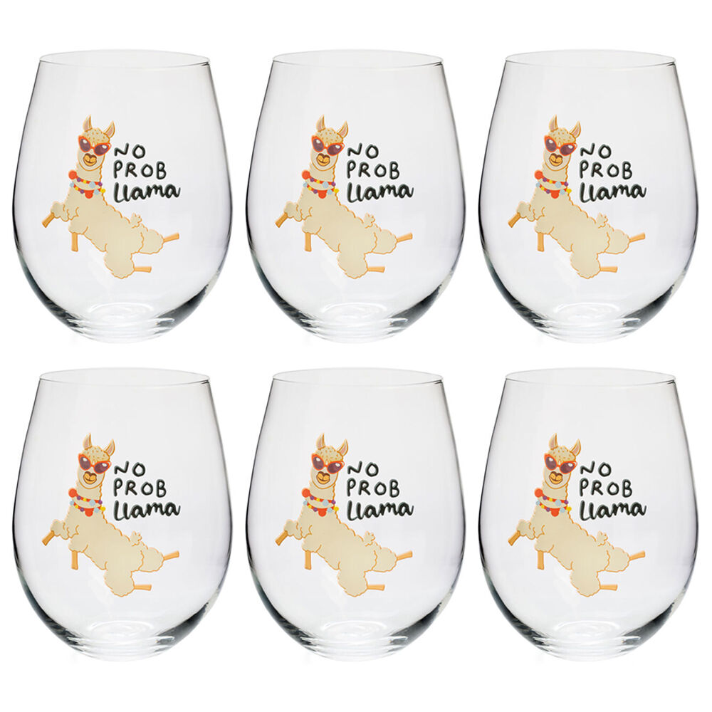Alpaca Valley Stemless Wine Glass Tumbler Party Drinkware No Prob Llama (6 Pack)