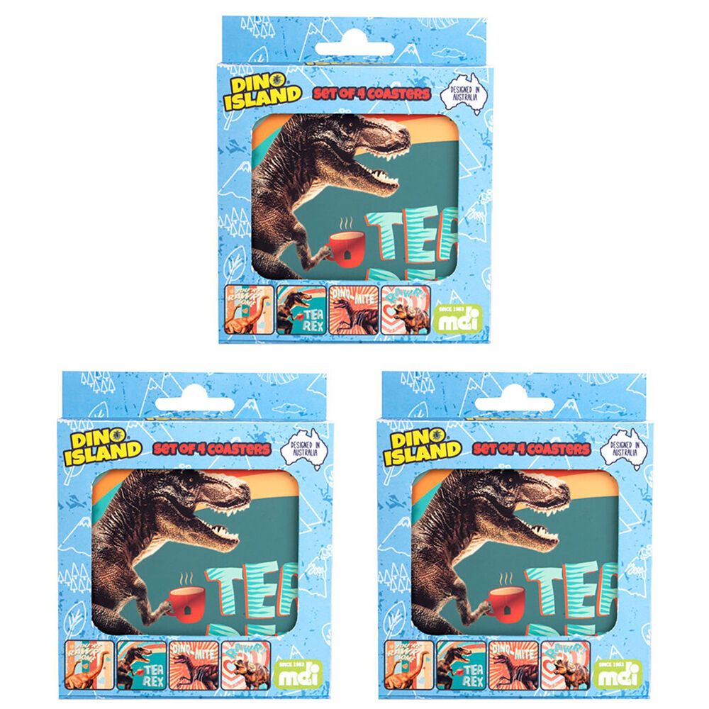 Dino Island 4pc Dino Island Cork-Backed Drink Coasters Table Protector Mat Square Dino (3 Pack)