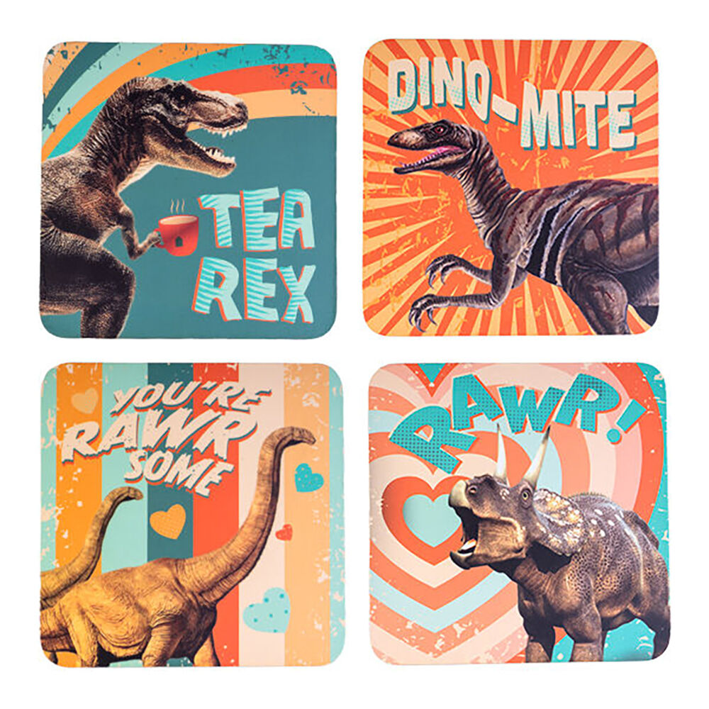 Dino Island Cork-Backed Drink Coasters Table Protector Mat Square Dino (4 Pieces)