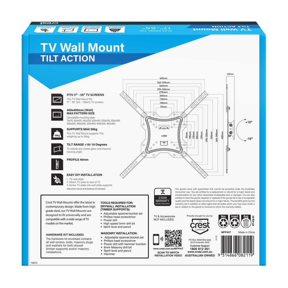 Crest Tilt Action Wall Mount Bracket For 17"-55" Flat-Screen TV Adjustable Black — image 6