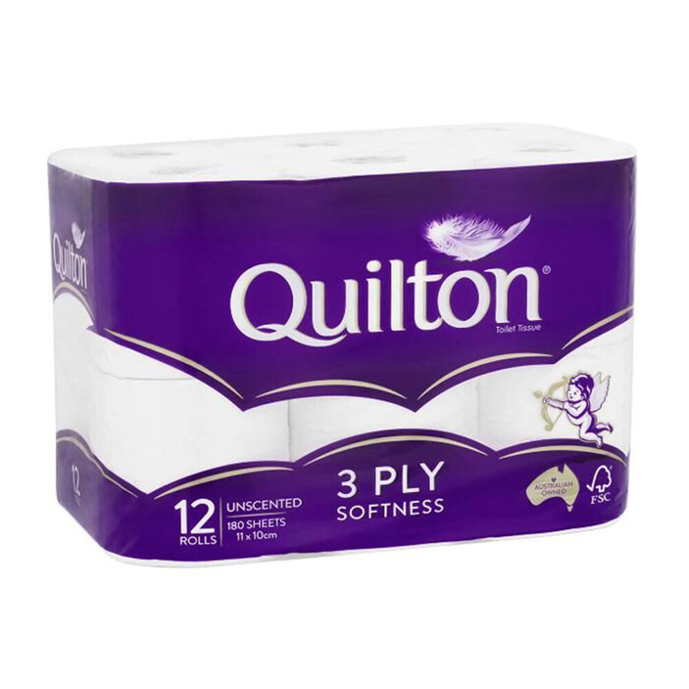 Quilton 3 Ply Toilet Paper Tissue Towel Pack 180 Sheets 11x10cm White (12 Pieces)
