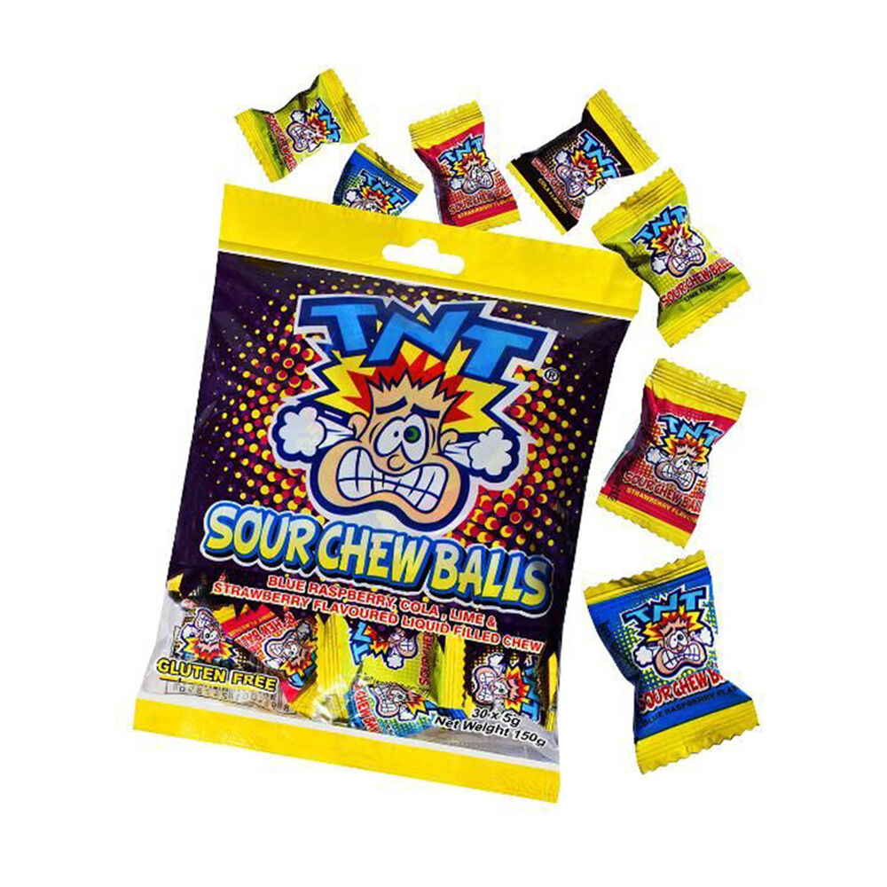 TNT 150g Candy Lollies Liquid Filled Sour Chew Balls Variety Pack Assorted
