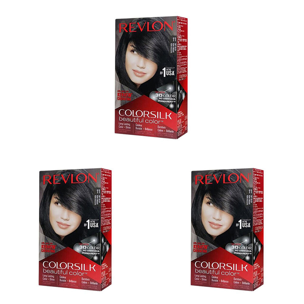Revlon ColorSilk Permanent Hair Colour Dye Ammonia-Free 11 Soft Black (3 Pack)