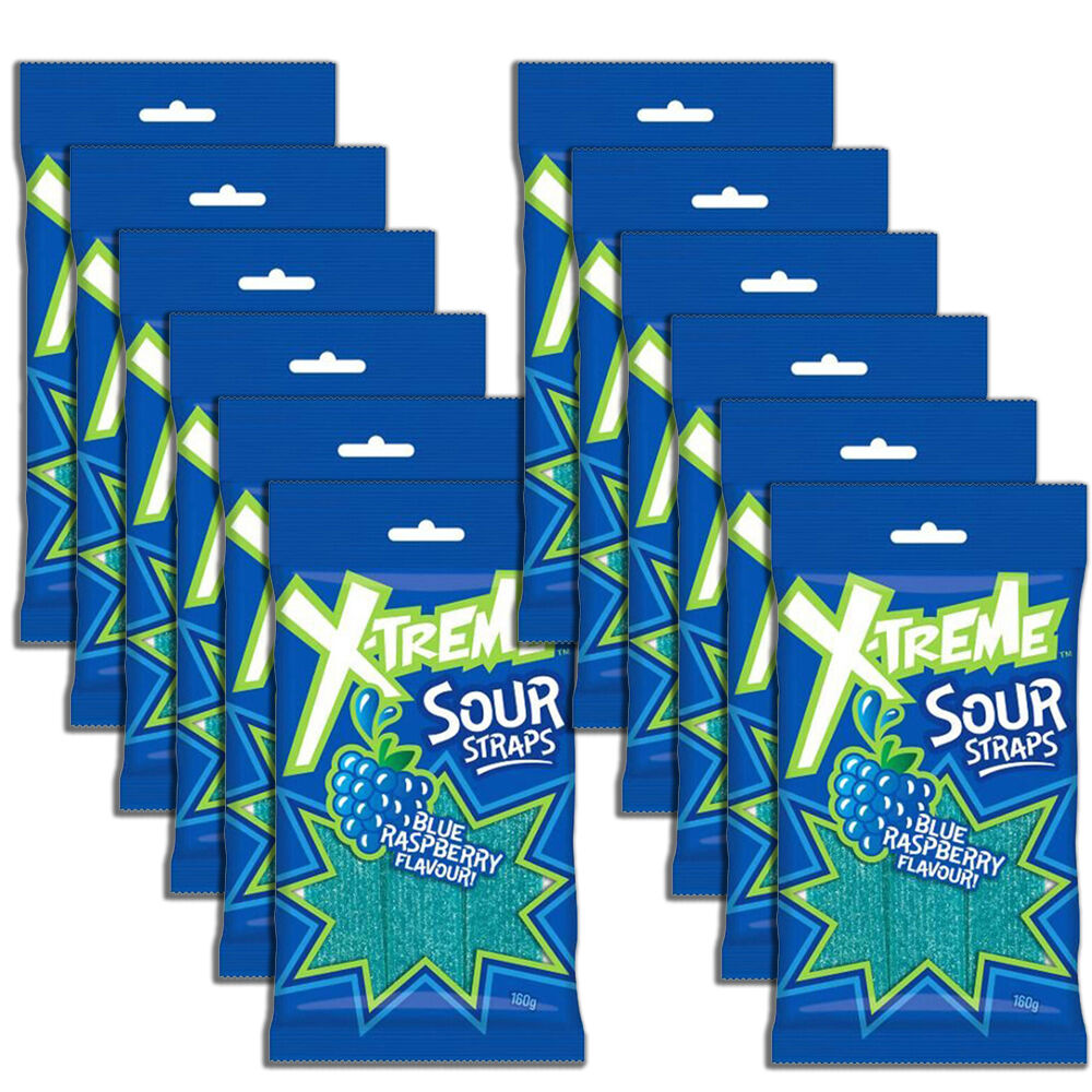 X-Treme Sour Blue Raspberry Straps Fruit Lollies Confectionery 160g (12 Pack)
