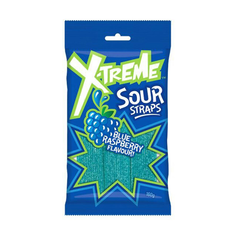 X-Treme Sour Blue Raspberry Straps Fruit Lollies Confectionery 160g (12 Pack) — image 2