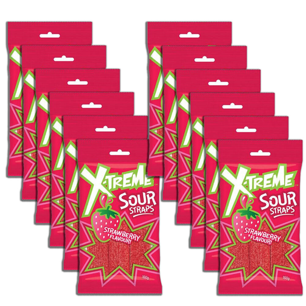 X-Treme Sour Strawberry Straps Fruit-Flavoured Lollies Candy 160g (12 Pack)