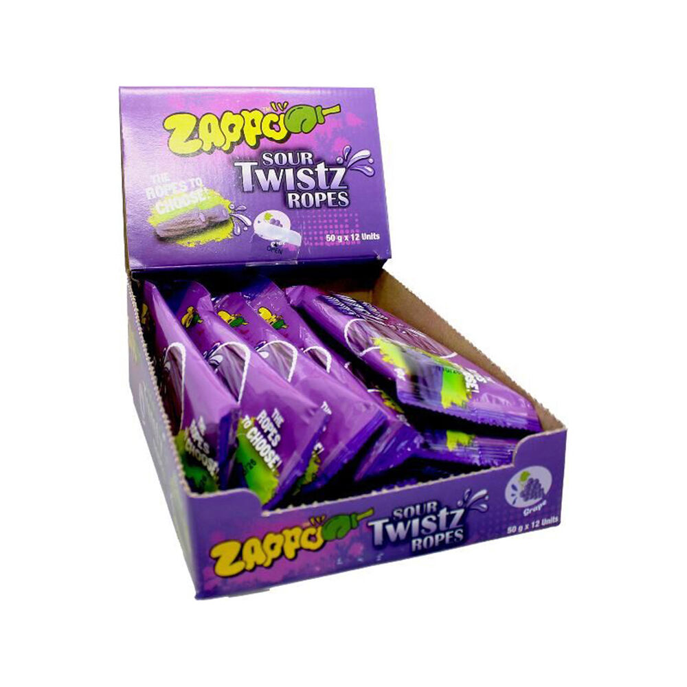 Zappo Sour Twistz Ropes Grape Chews Fruit Lollies Confectionery 50g (12 Pack)
