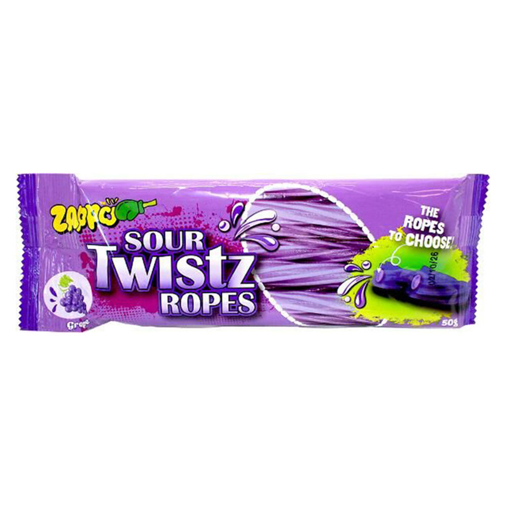 Zappo Sour Twistz Ropes Grape Chews Fruit Lollies Confectionery 50g (12 Pack) — image 2
