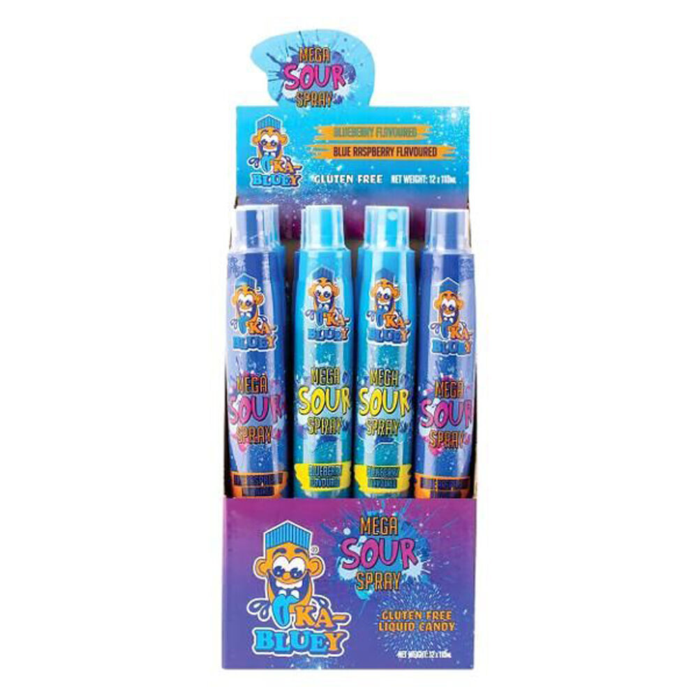 Ka-Bluey Mega Sour Spray Liquid Candy in Blueberry/Rasp Flavour 110ml Asst (12 Pack)