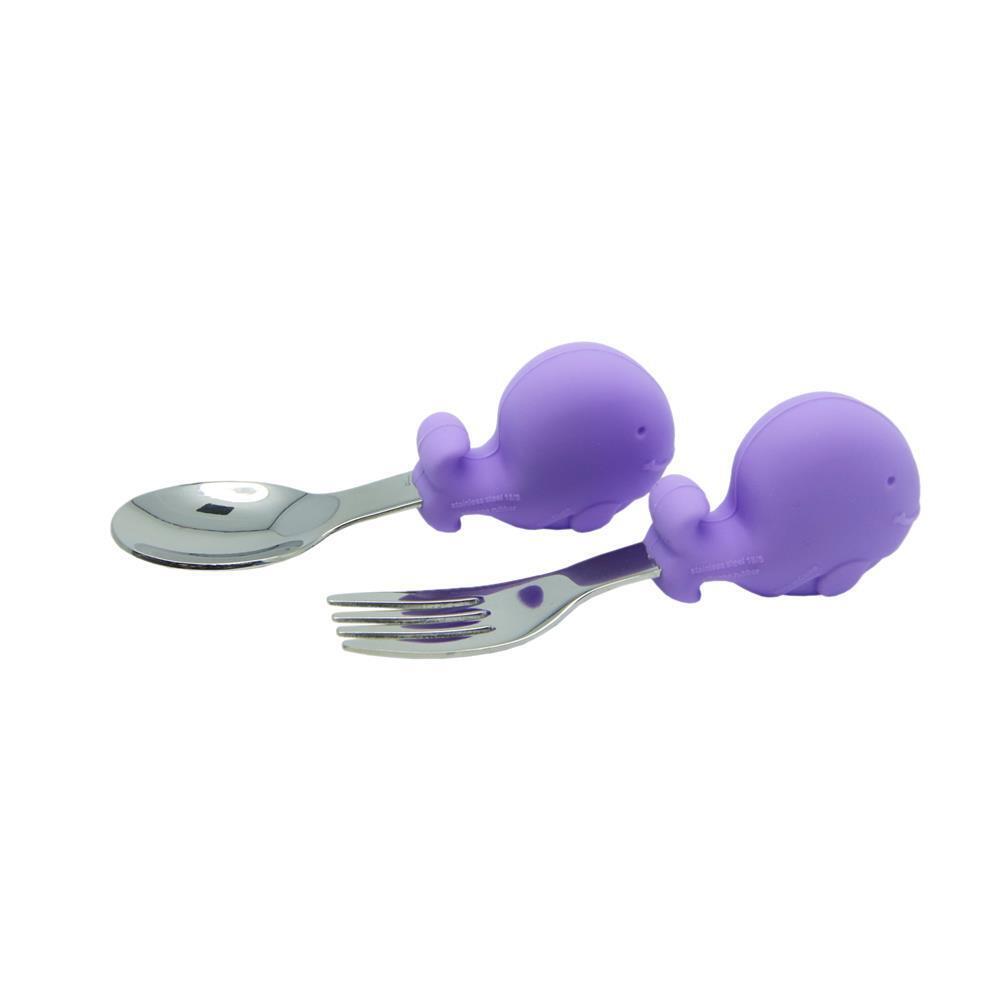Marcus & Marcus Willo Whale Palm Grasp Cutlery Spoon/Fork Baby 18m+ Lilac (2 Pieces)
