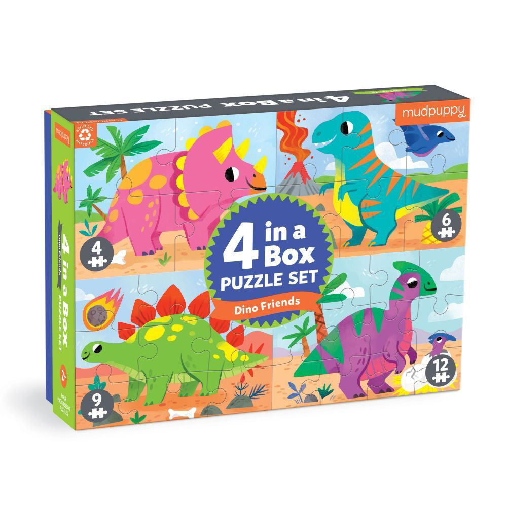 Mudpuppy Kids/Children 4 In a Box Jigsaw Puzzle Game Toy Set Dino Friends 3+ (2 Pack)
