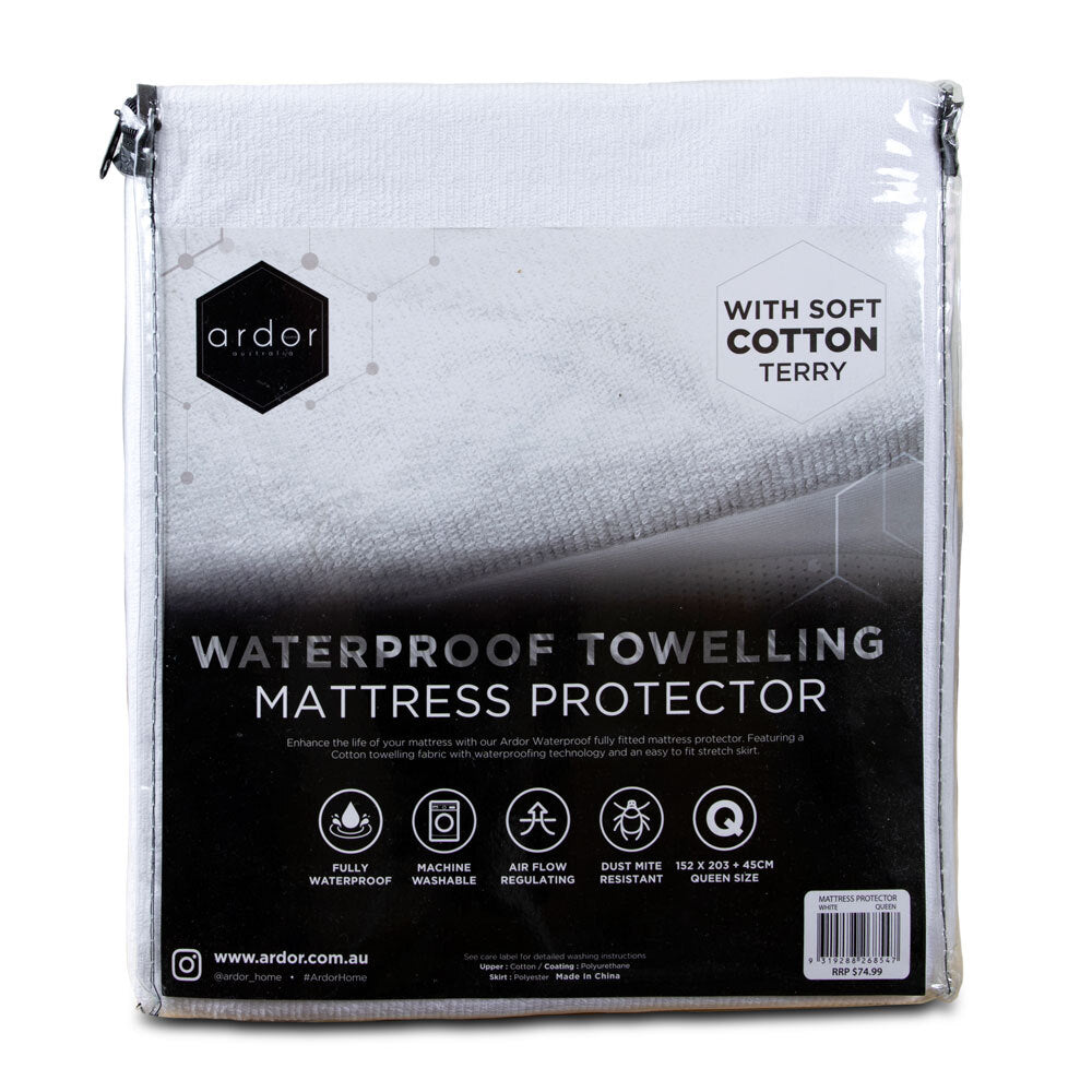 Ardor Waterproof Towelling Mattress Protector Queen Bed Fitted Cotton White — image 3