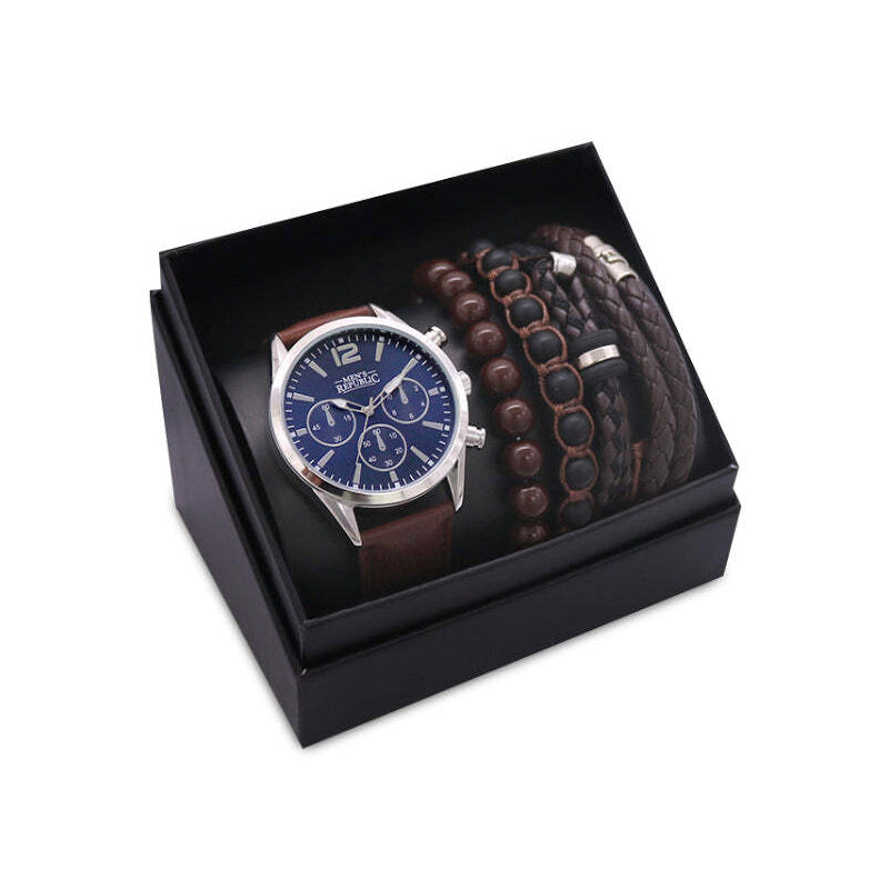 Men's Republic Casual Sleek Modern Watch Set With 4 Bracelets Blue Face (5 Pieces)