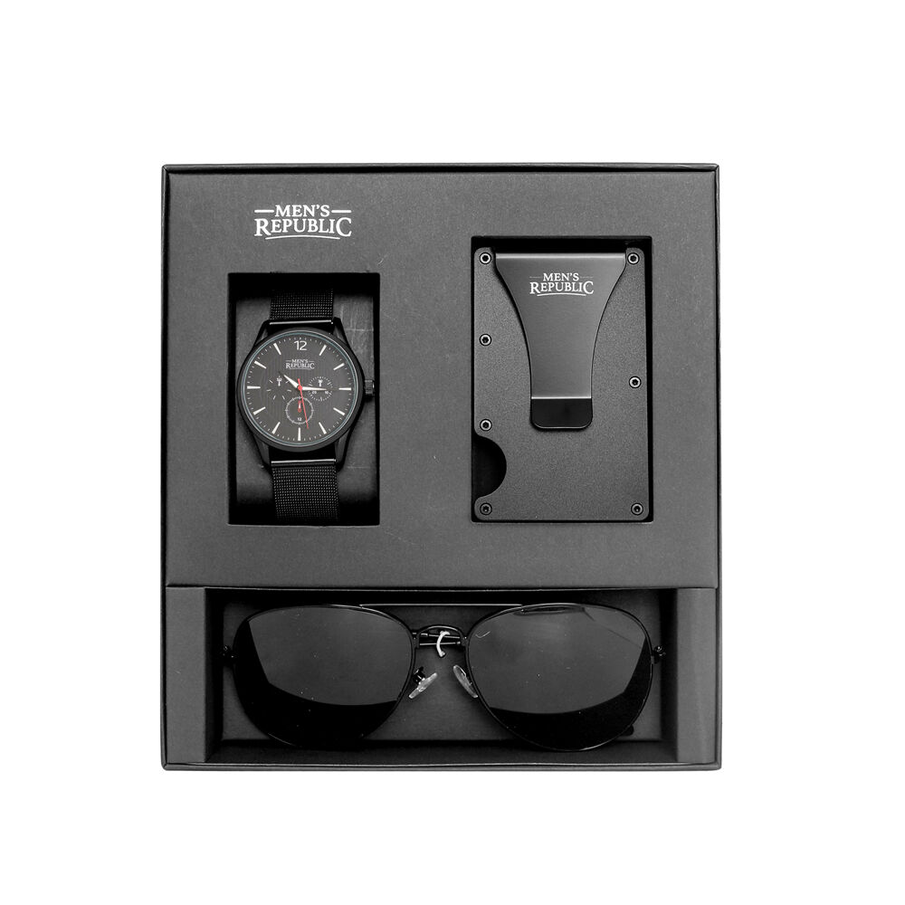 Men's Republic Sunglasses Watch Set with Card Wallet and Quartz - Black