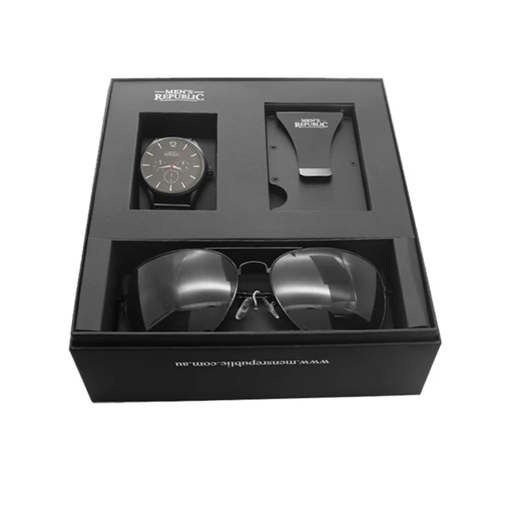 Men's Republic Sunglasses Watch Set with Card Wallet and Quartz - Black — image 3