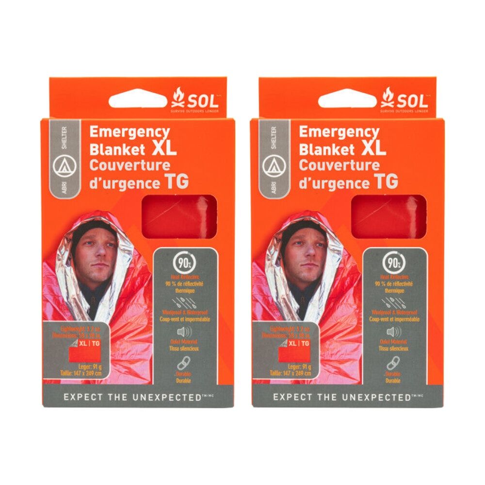Sol Emergency Blanket XL Heat Reflective Orange 147x249cm Durable Waterproof (2 Pack)