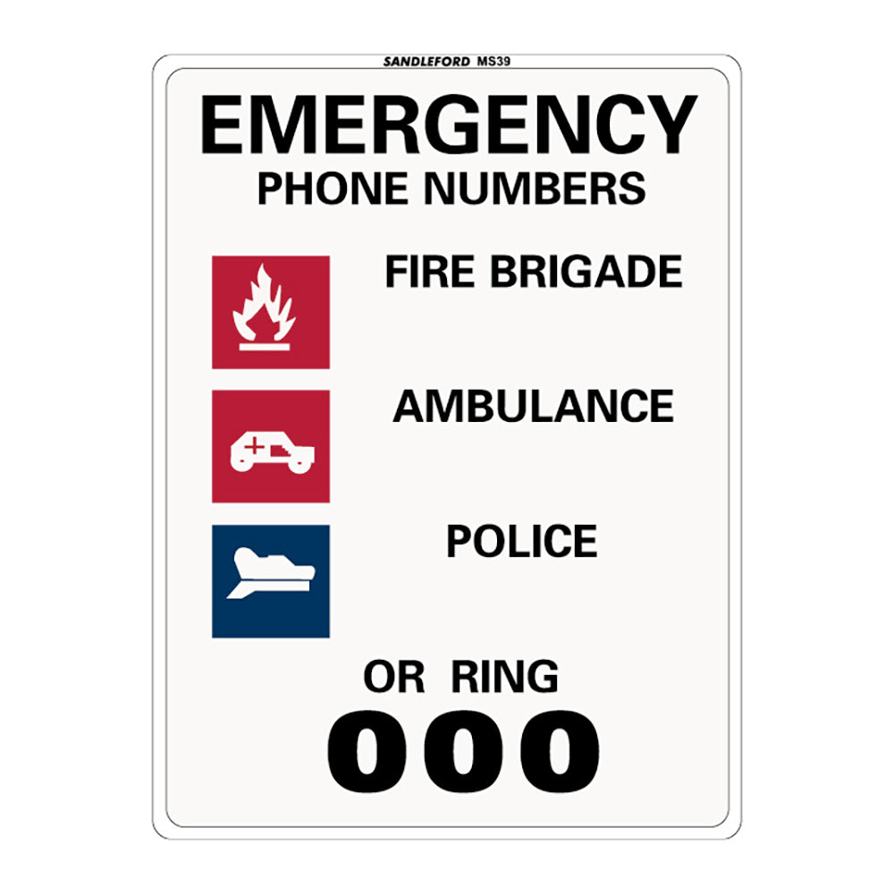 Sandleford Emergency Phone Numbers Medium Sign 225x300x1mm Polypropylene — image 2