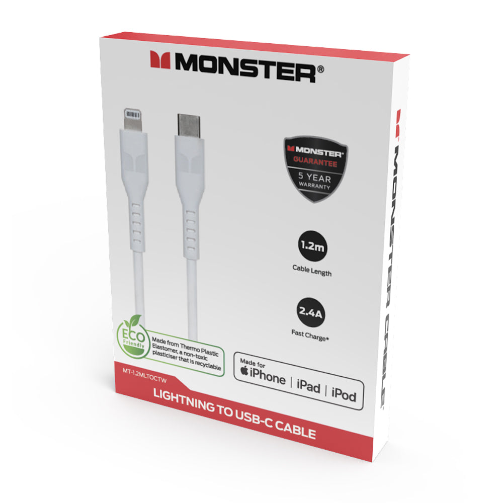 Monster 1.2M MFI-Certified Lightning to USB-C Charging/Sync Cable For iPhone WHT — image 2