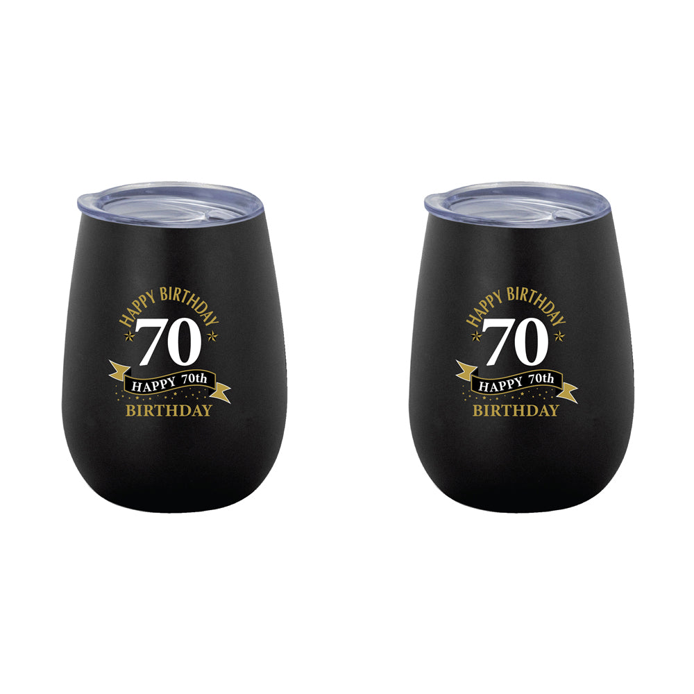LMD 70th Birthday 360ml Stainless Steel Double Walled Tumbler Insulated Mug Black (2 Pack)