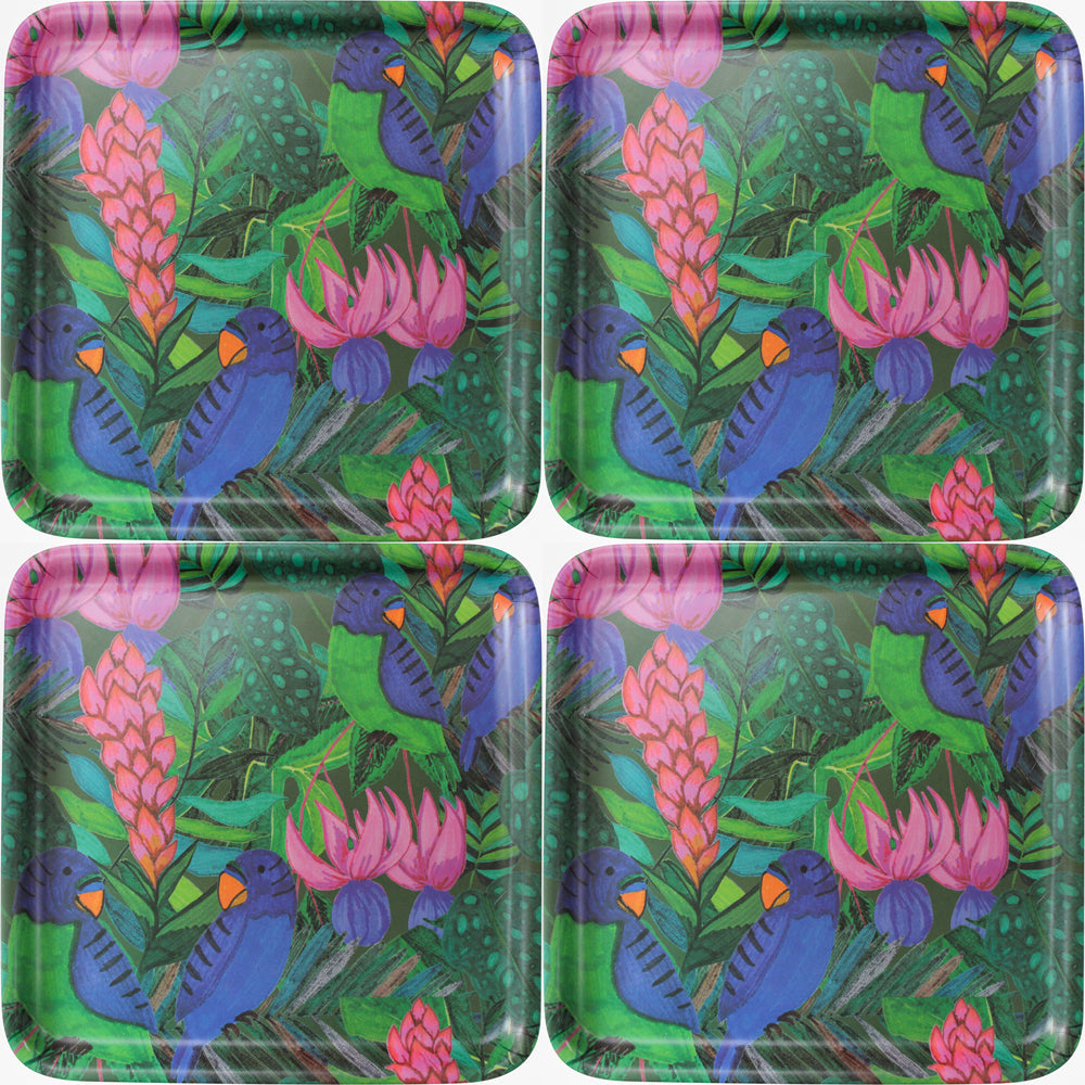 LVD Melamine/Bamboo Serving Tray Amazon Parrot Kitchen Decor 33cm Square (4 Pack)