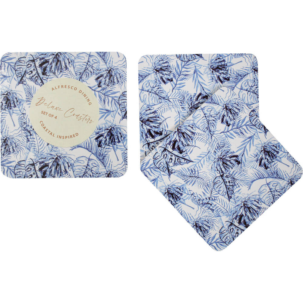 LVD MDF/Cork Coasters Square Tabletop Decor 10x10cm Blue Leaf Tropics (12 Pieces)