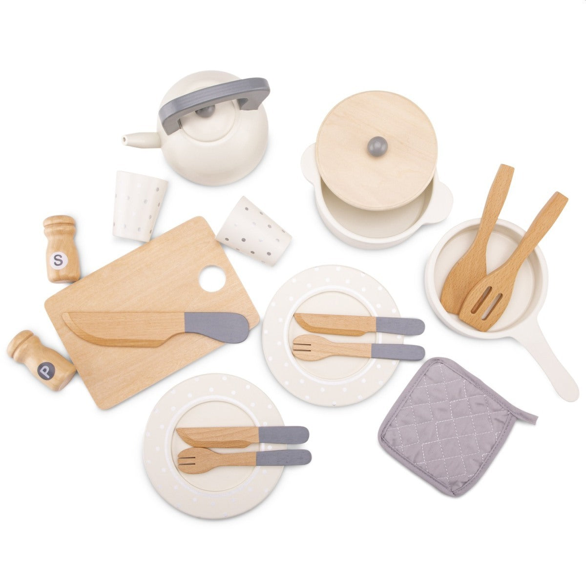 New Classic Toys Wooden Dinner Set Kids Pretend Play Toy 24m+ Cream (20 Pieces) — image 2