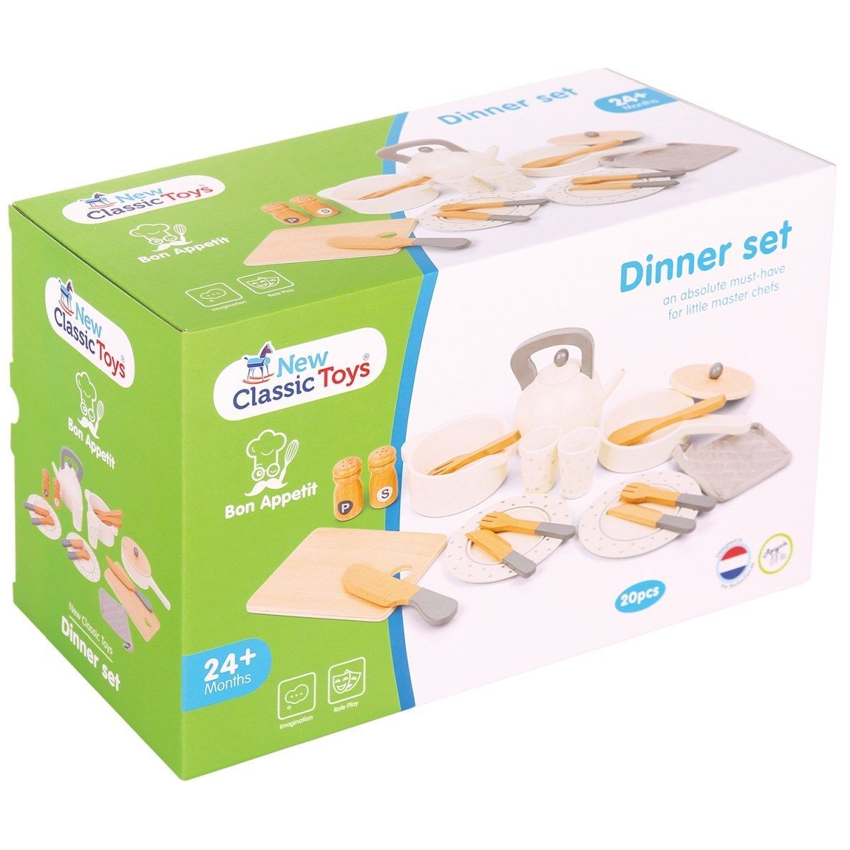 New Classic Toys Wooden Dinner Set Kids Pretend Play Toy 24m+ Cream (20 Pieces) — image 3