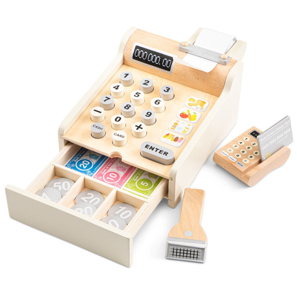 New Classic Toys Cash Register Wooden Toy Kids Fun Pretend Play Set White 3+