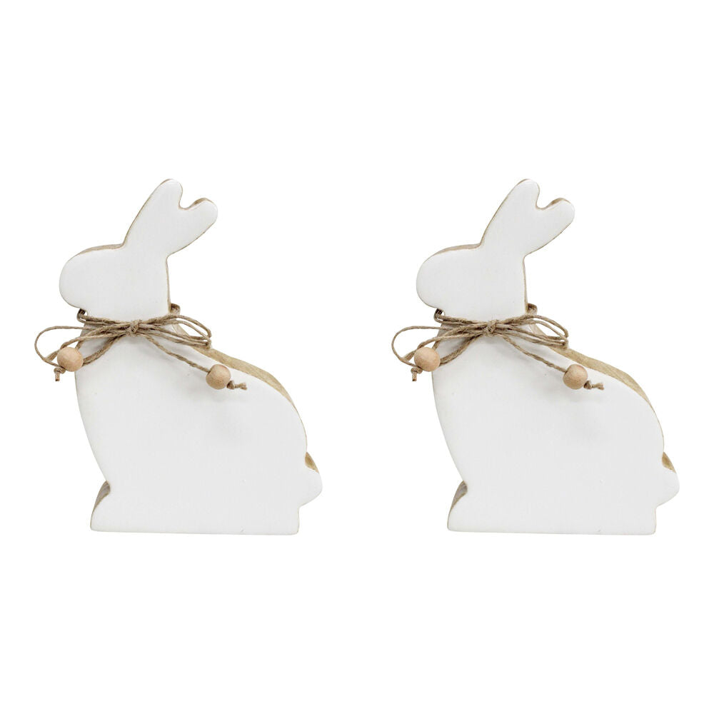 LVD Medium Wooden Easter Rabbit Squat Home Decor 14.5x9cm White-Washed (2 Pack)