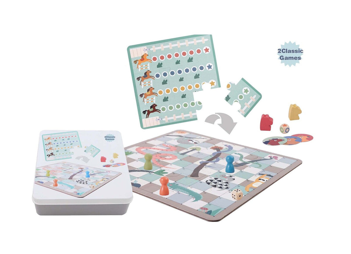Kaper Kidz 2-in-1 Board Game In Tin Box Snake & Ladder Horse Racing Kids 3+ (26 Pieces)