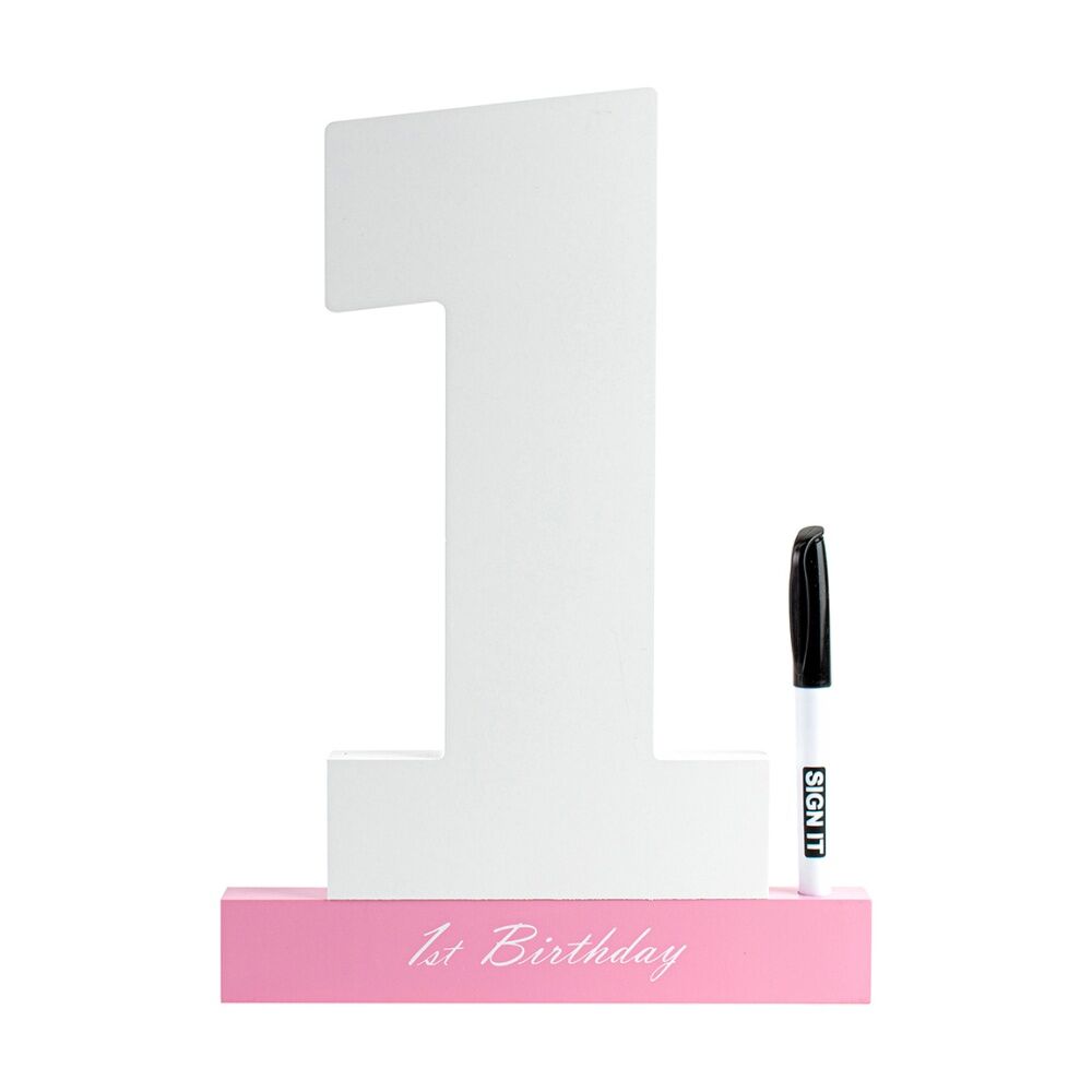 LMD 1st Birthday Signature Block Novelty Celebration Message Gift Set Keepsake — Pink
