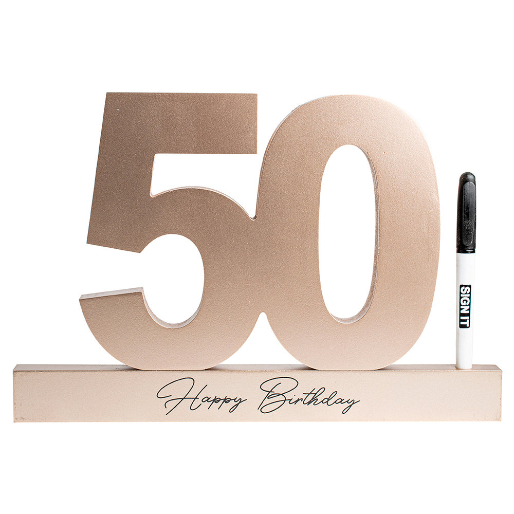 LMD 50th Rose Gold Signature Block Novelty Birthday Message Party Statue Set