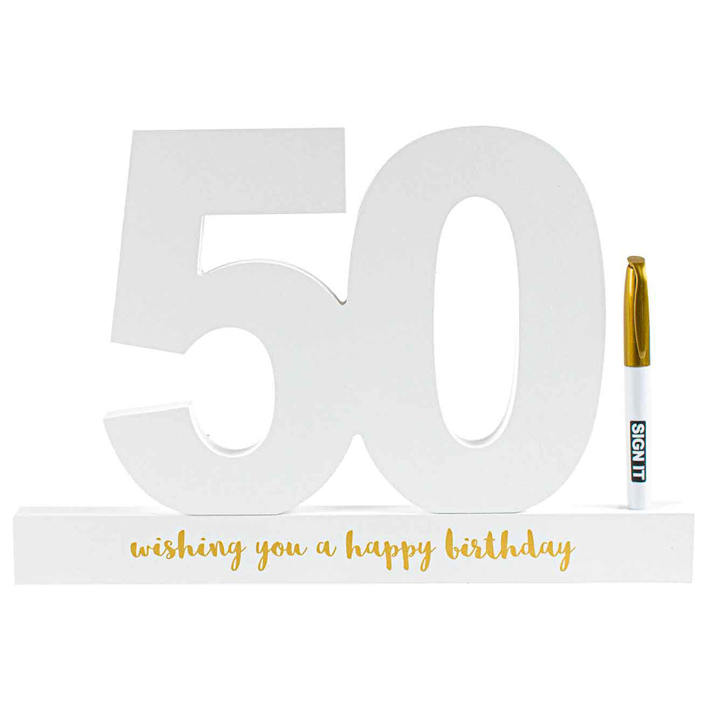 LMD 50th White Signature Block Gold Foil Novelty Birthday Message Party Statue