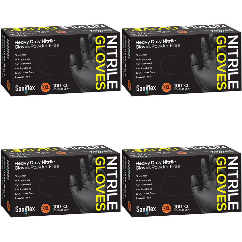 Saniflex Heavy Duty Nitrile Gloves Black XXL cleaning Work PPE (400 Pieces)