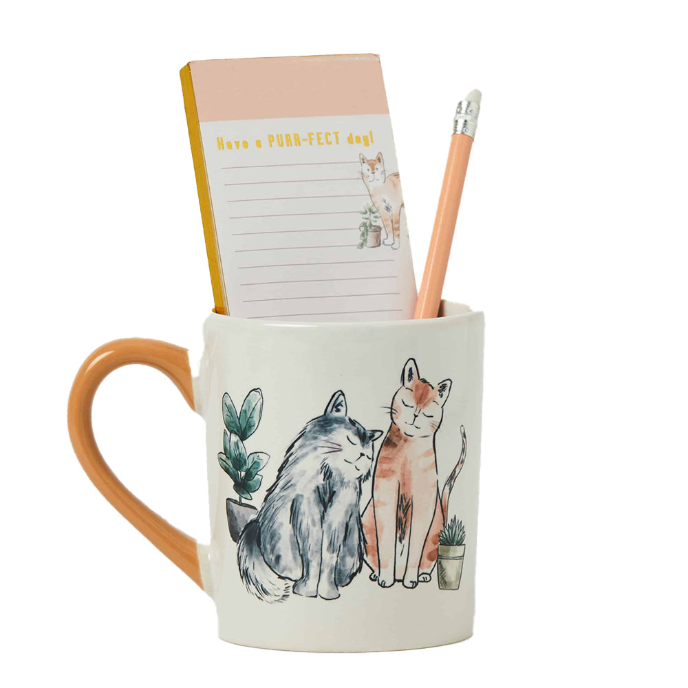 Pilbeam Living Purrfect 400ml Ceramic Mug/Notepad/Pencil Stationery Gift Set (3 Pieces)