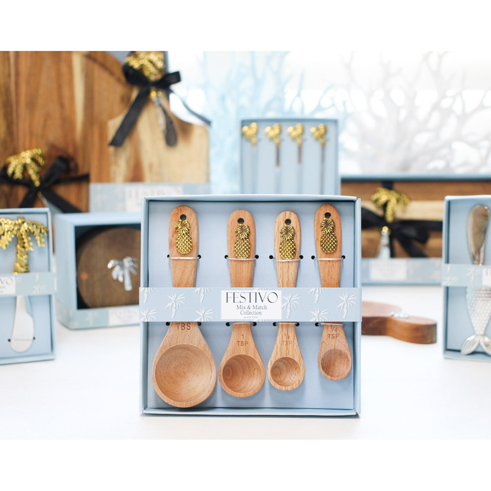 LVD Acacia/Metal Measuring Spoon Set Cooking/Baking Utensils Pineapple (4 Pieces) — image 2